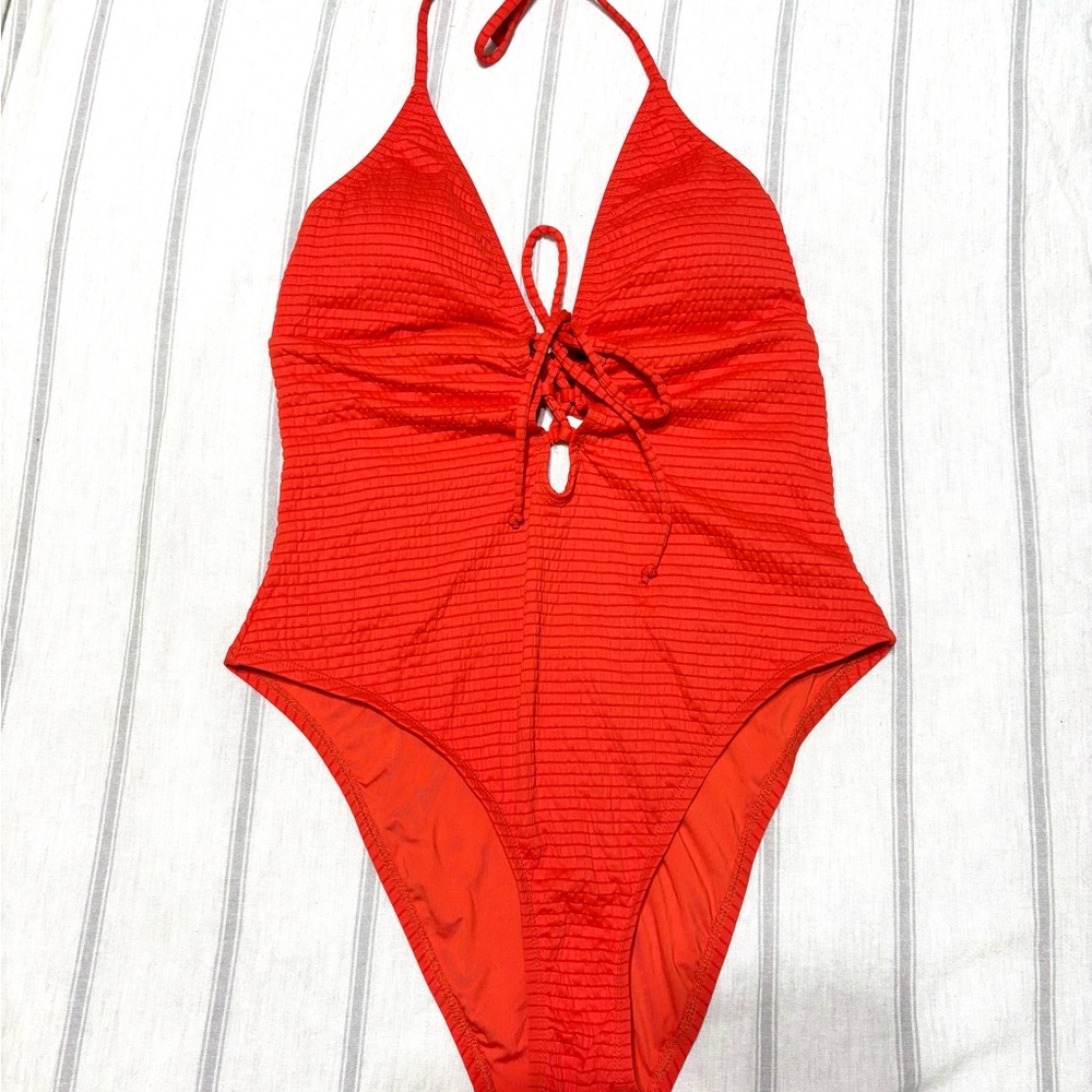 Women’s Lucky Brand Red Halter One-Piece Swimsuit with Front Tie Large NWT